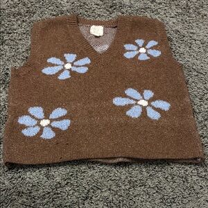 Macy's Brown V-Neck Sweater Vest with Blue Floral Design